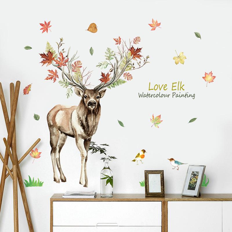 Nordic Elk Cartoon Wall Sticker Room Background Decoration Removable watercolour painting wallpaper