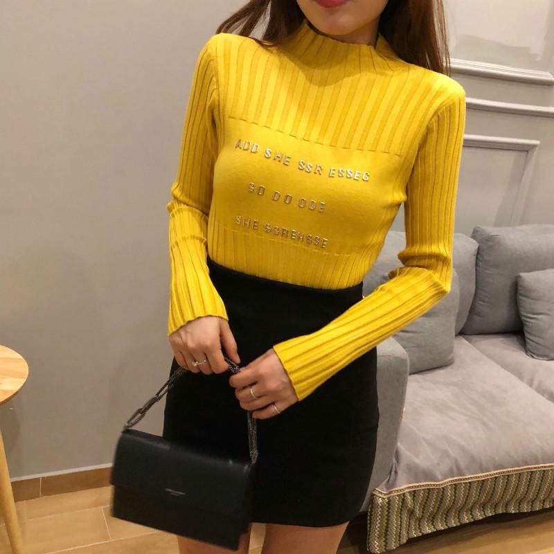 PofuLove Hedging Half Turtleneck Letter Sweater Female Korean Slim Thin Student Knitting Undershirt