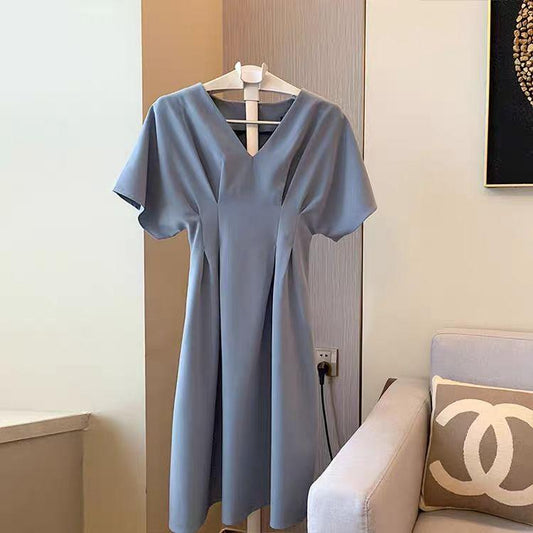 Female Summer Simple and Elegant Dress Slim High Waist V-neck Party Graceful Dress