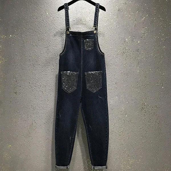 Women's Large Size Rhinestone Denim Overalls Solid Color Cropped Pants Spring and Summer Loose Ripped Harem Wide-leg Jumpsuit