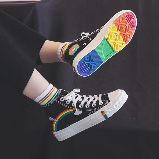Women's Fashion Vulcanized Shoes Woman Sneakers New Rainbow Retro Canvas Shoes Flat Fashion Comfortable High Shoes Women