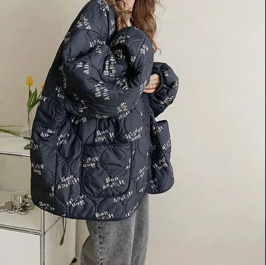 Winter Quilted Rhombus Thick Cotton Padded Jacket Women's Loose and Lazy Collarless Warm Quilted Jacket