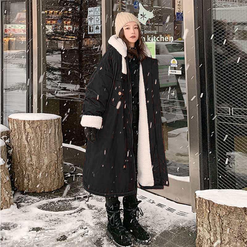 Lamb Wool Coat Female Korean Version Loose Winter Mid-length Plus Velvet Parka Cotton Ins Tooling Jacket