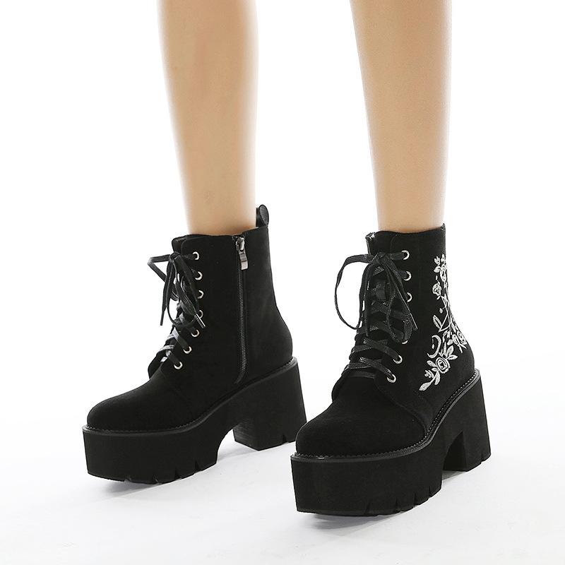 Gothic Boots Women - Goth Black Shoes - Gothic Punk Platform Shoes - Lace Up Back Zipper Boots - Witch Pentagram Moon Embroidery Design