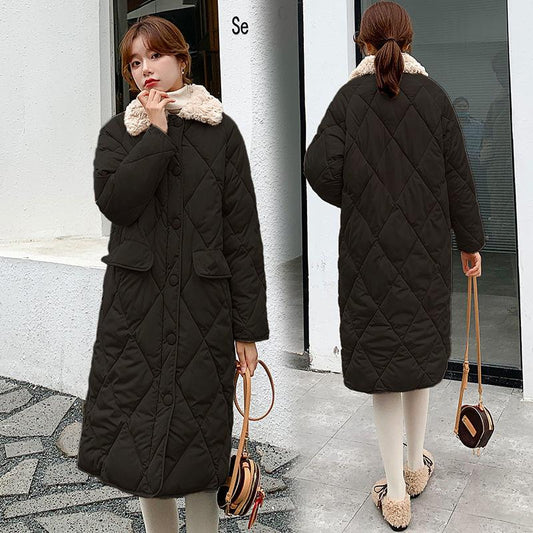 Lingge Lamb Fur Collar Cotton Jacket Women Winter Loose Mid-length Large Size Cotton Jacket Jacket Winter Thick Warmth Without Hood Cotton Jacket