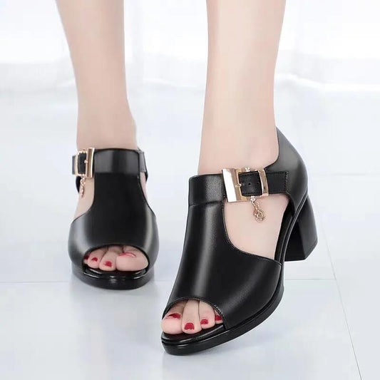Fish Mouth Sandals Roman Women's Thick Heels All-match Medium Heel Thick Women's Shoes Comfortable High Heels One Word Buckle