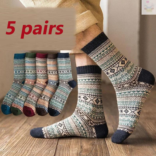 Five Pairs of Winter Men's Wool Socks Chinese Style Plus Velvet Thick Warm Cashmere Socks Retro Fashion Tube Socks