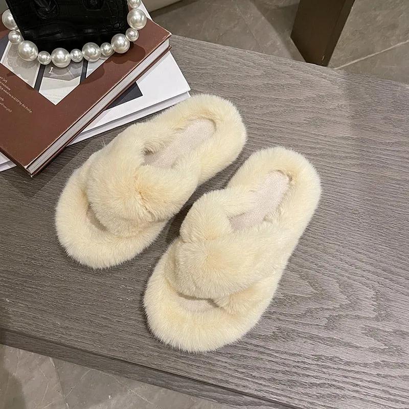Fluffy Pink Slippers Fur Sliders Winter Women House Slippers Warm Flats Home Slippers Size 35-40 Fashion Cross Indoor Shoes