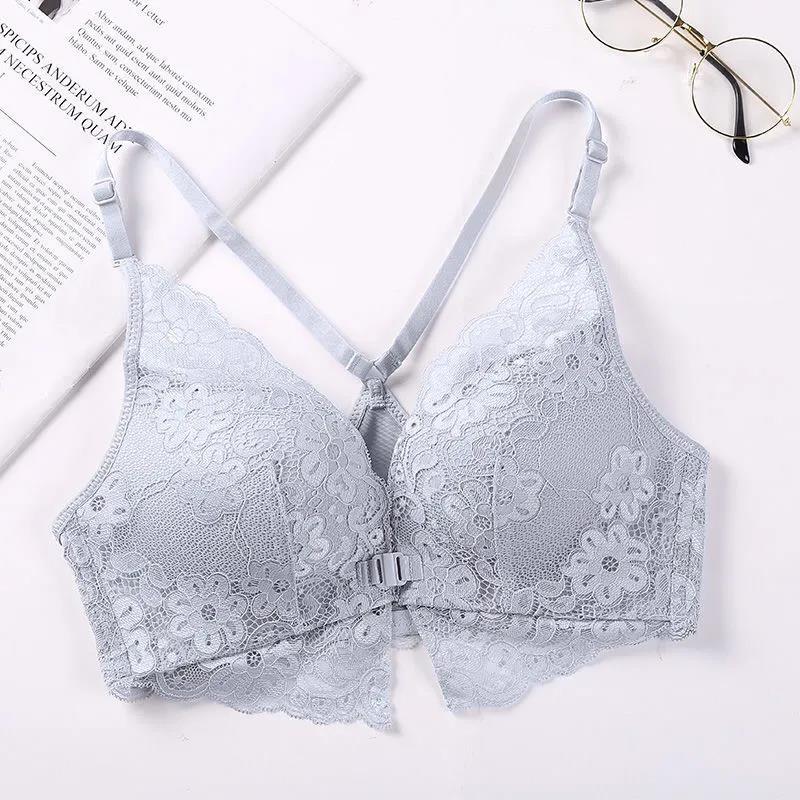 Ladies Push Up Lace Bra Ladies 3/4 Cup Bow Sexy No Wire Front Buckle Lace Beauty Back Lingerie Breathable One Piece
