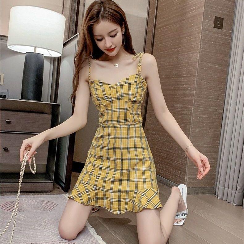 Female Summer Plaid Suspender Dress Simple Elegant Slim Short Graceful Holiday Dress