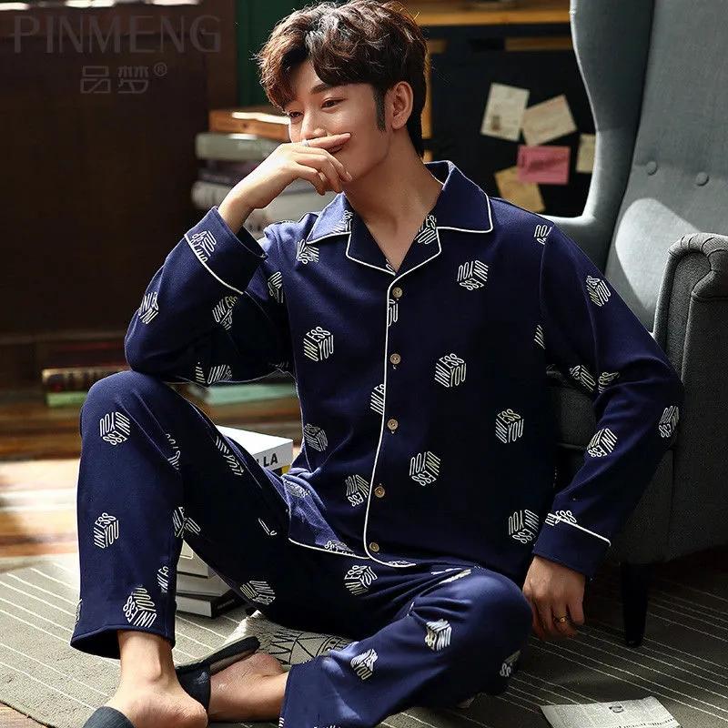 Men's Pajamas Set Turn-down Collar Sleepwear Suit Long Sleeve Pyjamas Casual Loose Home Wear Autumn Winter Clothes Tops and Pants Sets