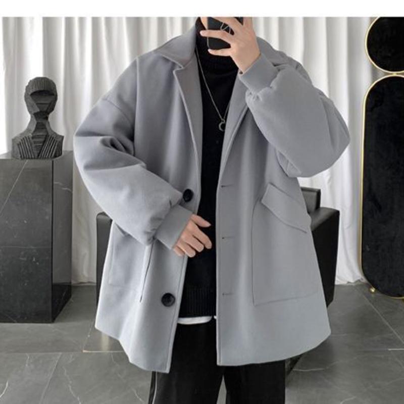 Mid-length Woolen Coat Plus Velvet Casual Men's Warm Long-sleeved Jacket Loose Polo Collar Temperament Handsome Top