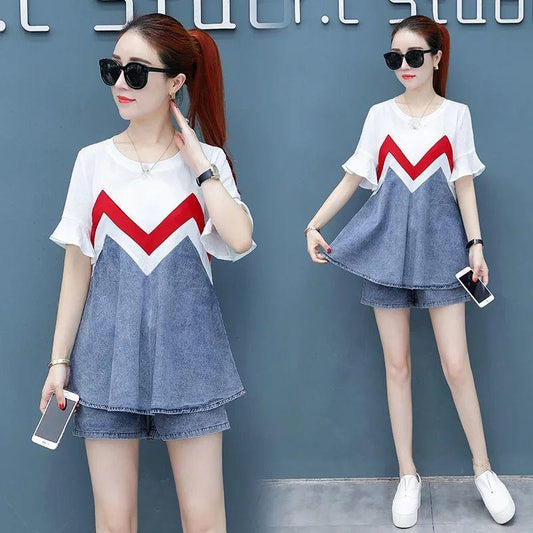 Casual Suit Women's Summer Denim Shorts Two-piece Round Neck Short-sleeved Top + Shorts Ladies Casual Suit Sweet and Cute