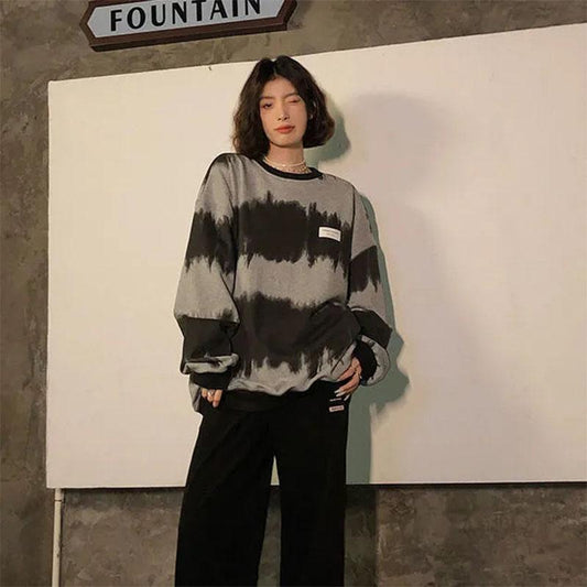 Women's Spring Tie Dye Round Neck Sweater Lazy Striped Ins Jacket Top Ladies Casual Loose Pullover Long Sleeve Shirt Top