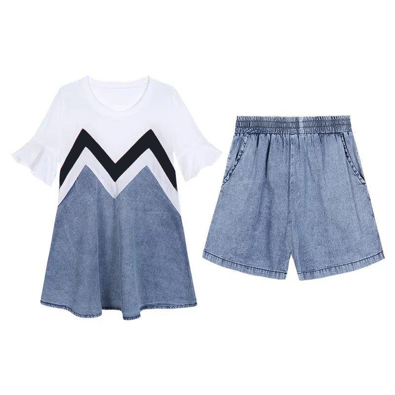 Casual Suit Women's Summer Denim Shorts Two-piece Round Neck Short-sleeved Top + Shorts Ladies Casual Suit Sweet and Cute