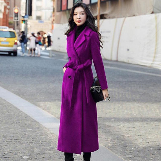 Cotton Thickened Over-the-knee Coat Women's Super Long Waist Autumn and Winter Solid Color Woolen Coat Slim Fit Thick Woolen