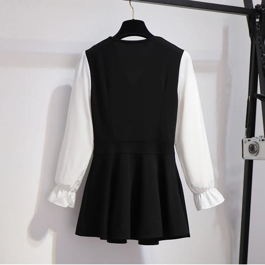 Women's Black-and-white Stitching Color Suit Loose Cover Meat Was Thin Trousers Long Sleeve Two-piece Suit Temperament Lady Style