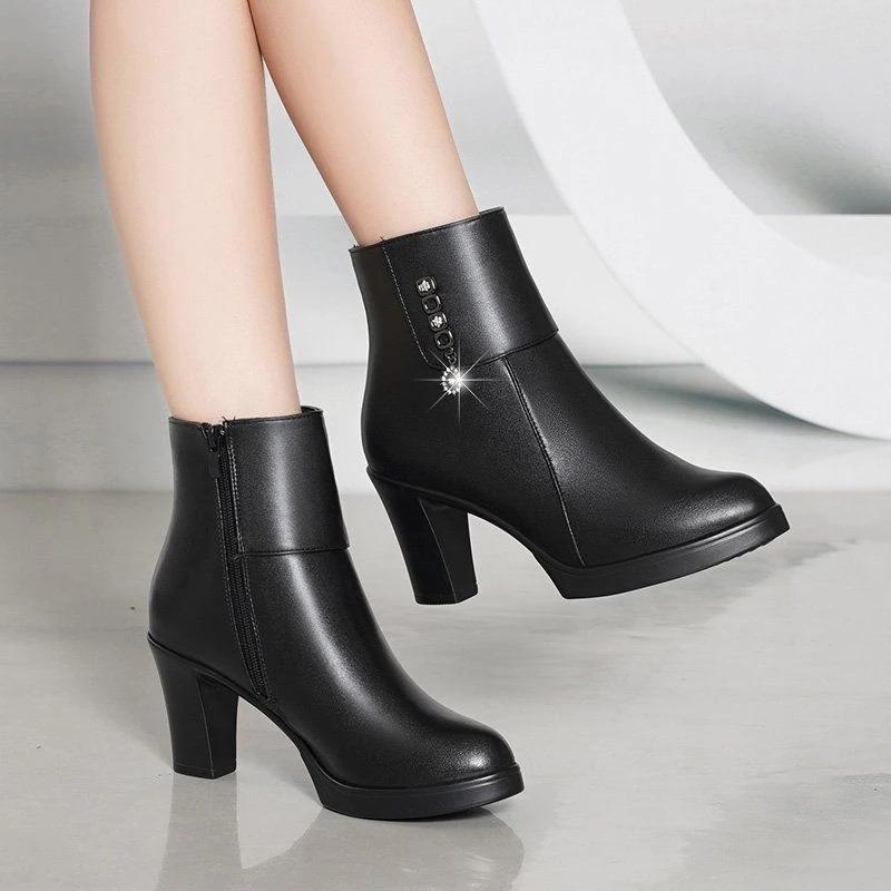 Women High Heels Winter Shoes Fur Boots Black Leather Ankle Booties Plush Warm Square Heel Shoes Fashion Ladies Boots