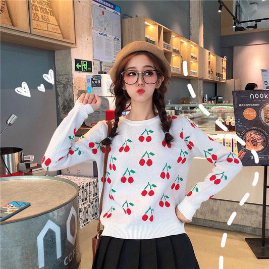 Pofulove Loose Sweater Large Size Autumn and Winter Thick Cherry Long-sleeved Round Neck Sweater