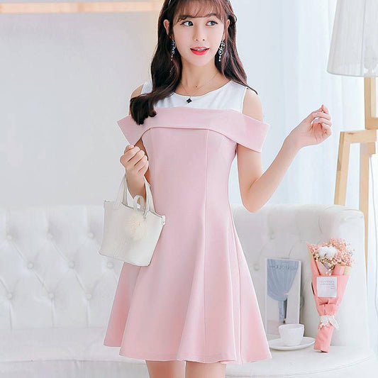 Fashion Summer Off-shoulder Round Neck Dress Stitching Sweet A-line Dress Sleeveless Sundress