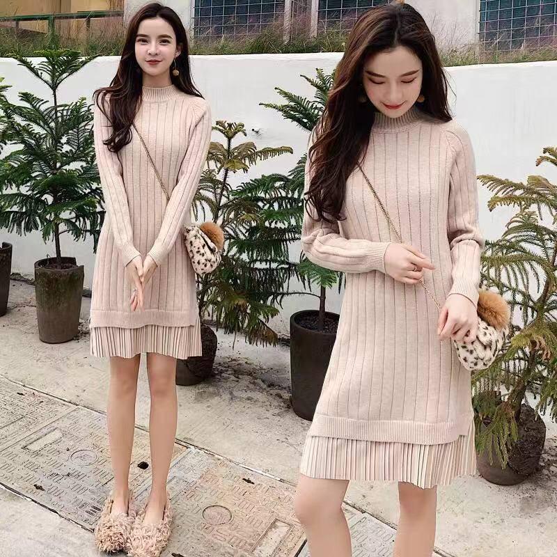 Joker autumn and winter loose bottoming knit sweater skirt long section stitching women's dress