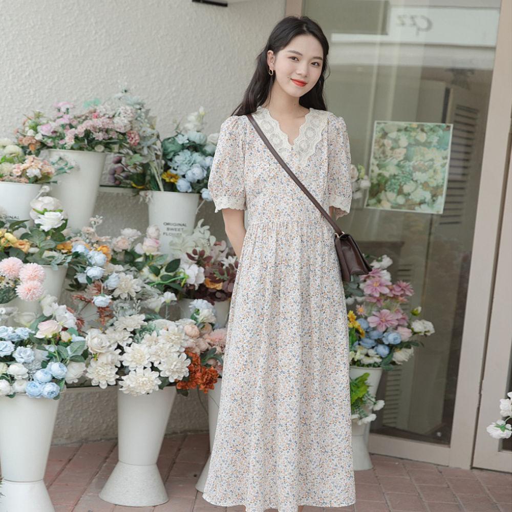Puff Sleeve Floral Skirt Summer V-neck Chiffon Dress Long Women's Dress