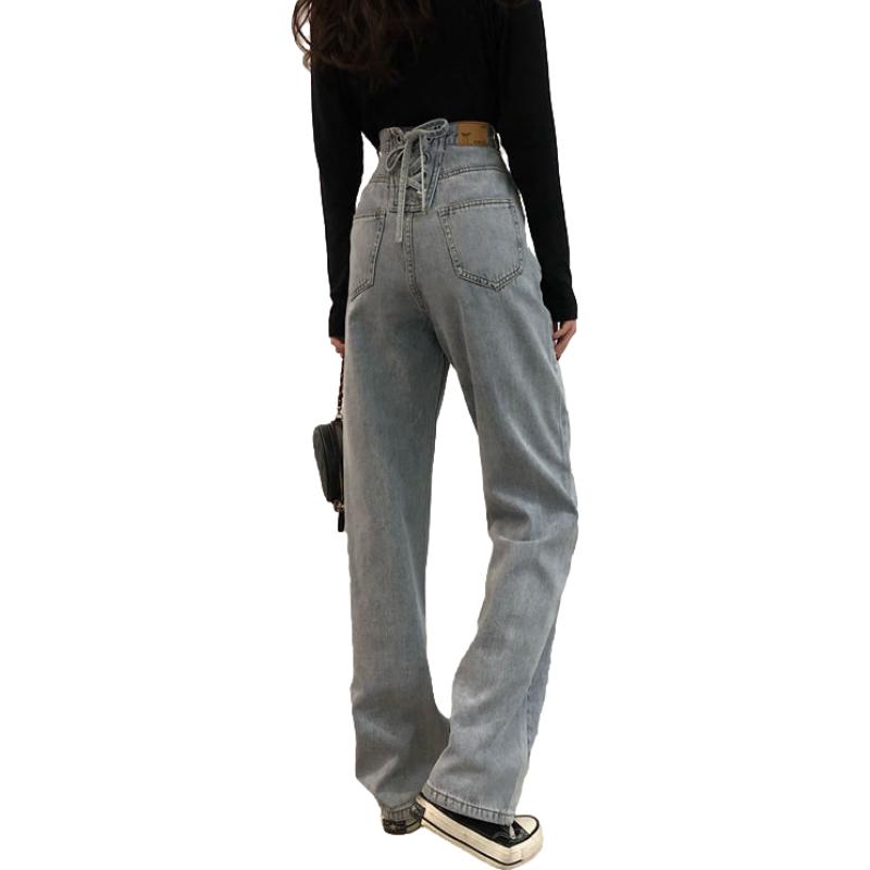 WTEMPO Back Straps Bow Women's Jeans Loose and Slim Wide Leg Straight Denim Big Pocket sexy Trousers