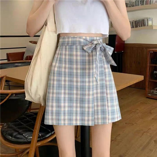 Bow School Girl Women High Waist Pleated Skirt Plaid A-Line Flare Skater Short Skirt Uniforms Cosplay Sweet Girls