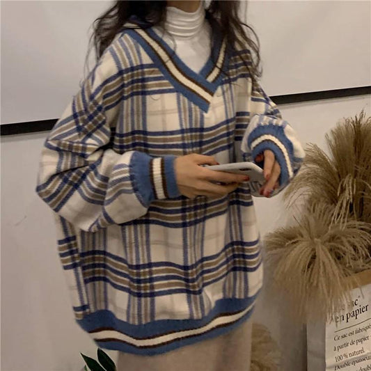 Checked Sweater Coat College for Women with Loose and Lazy Style V-necklace Knitted Autumn