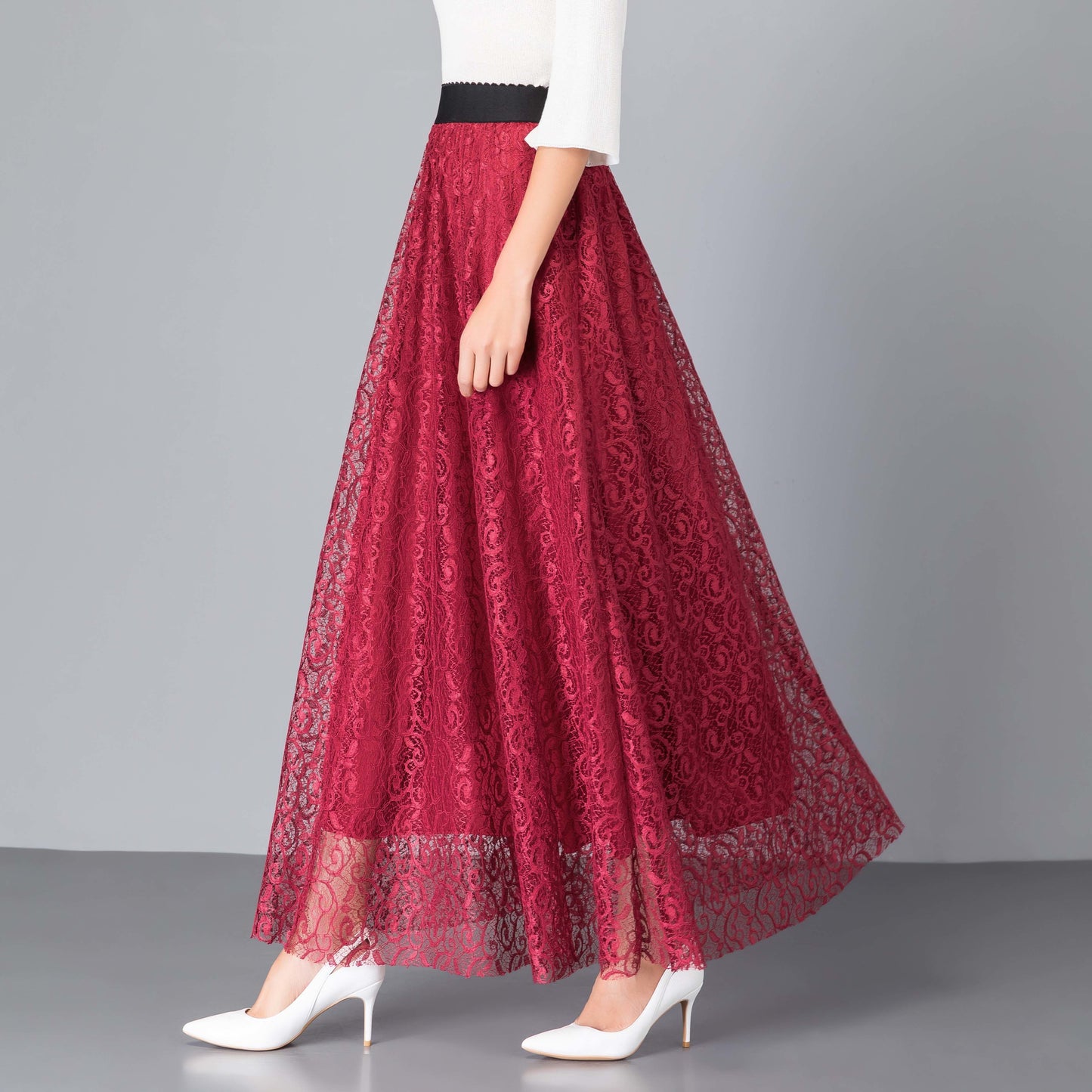Autumn and Winter Lace Skirt Elastic High Waist Mid-length Skirt Large Size All-match A-line Long Skirt Women
