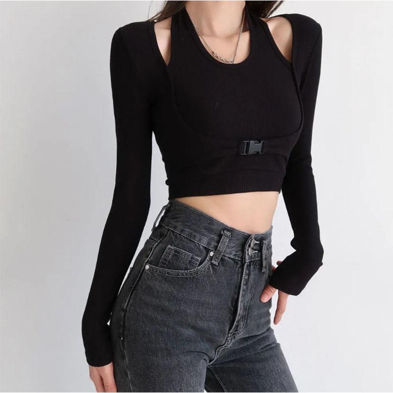 Fake Two-piece Hanging Neck Long-sleeved T-shirt Women's Solid Color Short Slim Slim Bottoming Shirt Top