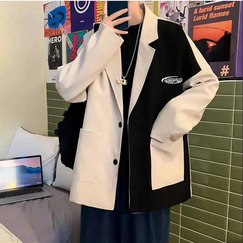 High-quality Contrast Color Stitching British Style Suit Men's Autumn Casual Loose Suit Jacket Long-sleeved Warm Mid-length Windbreaker