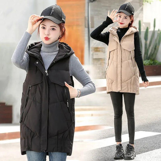 Winter Vest Women's Autumn and Winter Down Cotton Mid-length Hooded Warm Jacket
