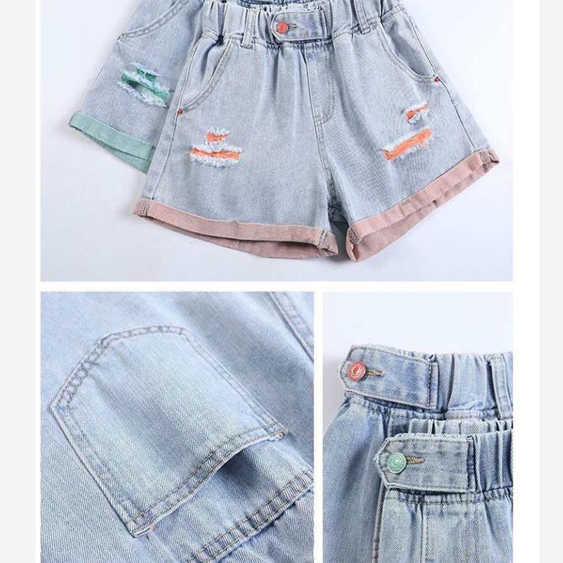 WTEMPO Women Loose Ripped Pants Big Pocket High Elastic Waist Denim Shorts Spring and Summer Wide Leg A-line Thin Casual Jeans