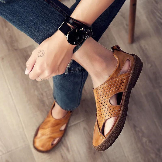 Genuine Cowhide Leather Breathable Sandals Men's Comfortable Soft Bottom Hollow Beach Sandals Hole Shoes Waterproof Non-slip Sandals