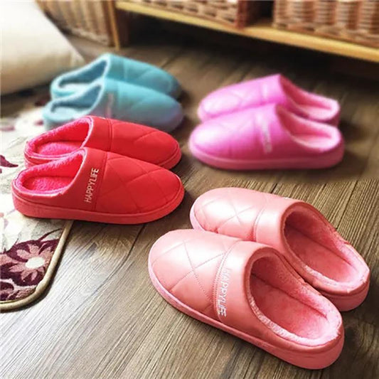 Winter Platform Slippers Women Leather Waterproof Plus Size Mens Thick Fleece Warm Cotton Shoes Home Indoor Casual Non Slip Slides Winter Slipper