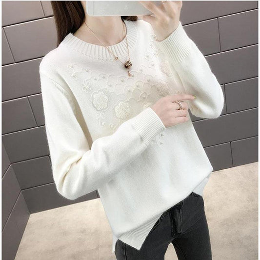 Autumn and Winter Fashion Sweater Knitted Beading Decoration Bottoming Shirt Solid Color All-match Blouse
