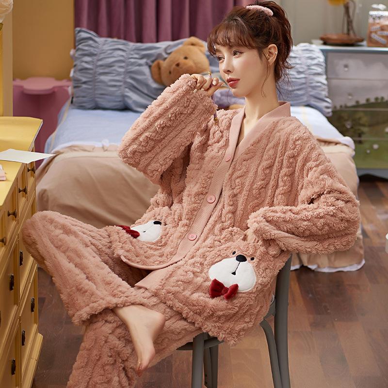 Women's Winter Pajamas Set Coral Fleece Sleepwear Suit Velvet Flannel Pyjamas Casual Loose Homewear Winter Long Sleeve Nightwear Cute Tops and Pants