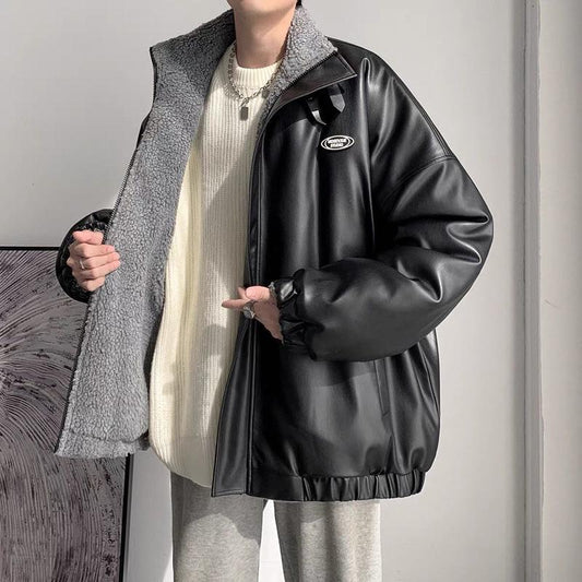Double-sided Pu Lint Padded Jacket Men's Padded Jacket Plus Velvet Thick Lamb Wool Jacket Autumn and Winter Style Padded Jacket