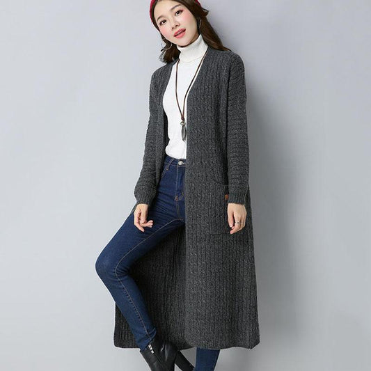 Autumn and Winter Thick Casual Sweater Mid-length Cardigan Over-the-knee Top Pure Simple Female Jacket