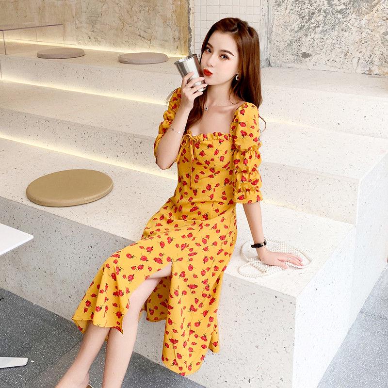 Summer yellow printed dress Slim high waist floral plus size dress female wild woman clothing
