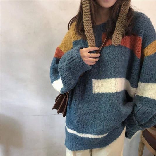 Autumn and winter new sweet striped sweater female student loose thin wild hooded sweater coat