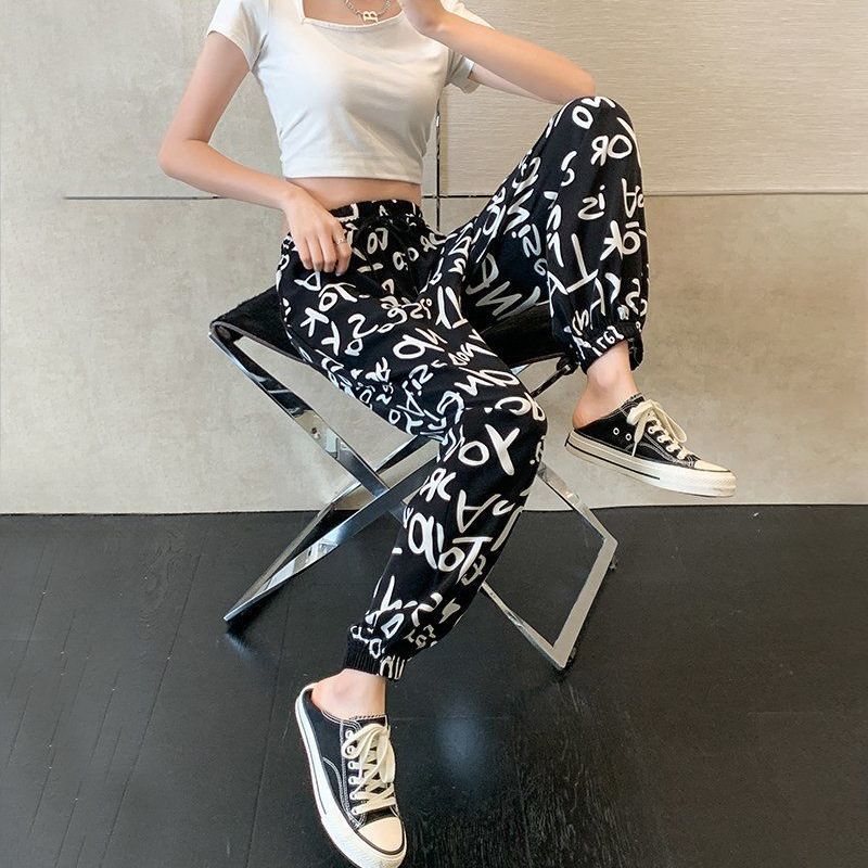 Chiffon Bloomers Women's Summer Letter Printing Graffiti Elastic Waist Loose-fitting Sports Casual Pants