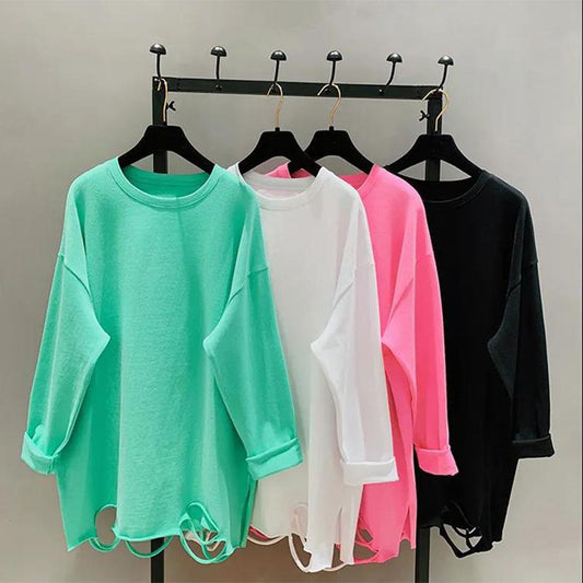 Women's Hem Hole Solid Color Bottoming Shirt Large Size Cotton Autumn Korean Version Loose Long-sleeved T-shirt