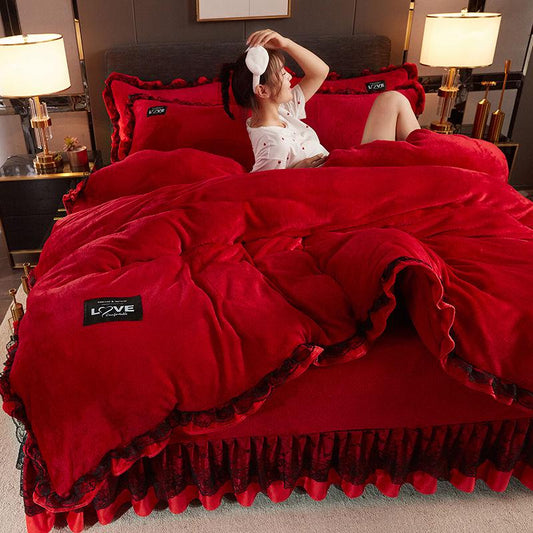 Grey Winter Fleece Bedding Set Duvet Cover Flannel Fleece 4pcs Home Bed Set Bed Linens Warm