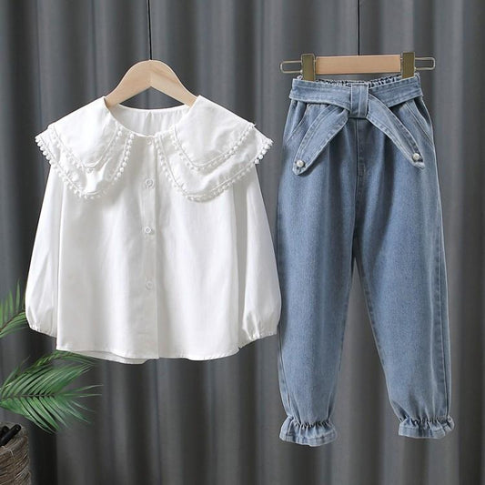 Girls' Suits Spring and Autumn Clothes Autumn Clothes Shirts Denim Long Pants Children's Clothes Big Children's Autumn