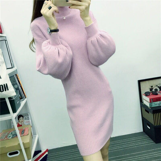 Autumn and Winter High Neck Pullover Lantern Sleeve Sweater Dress Slim Long Knit Sweater