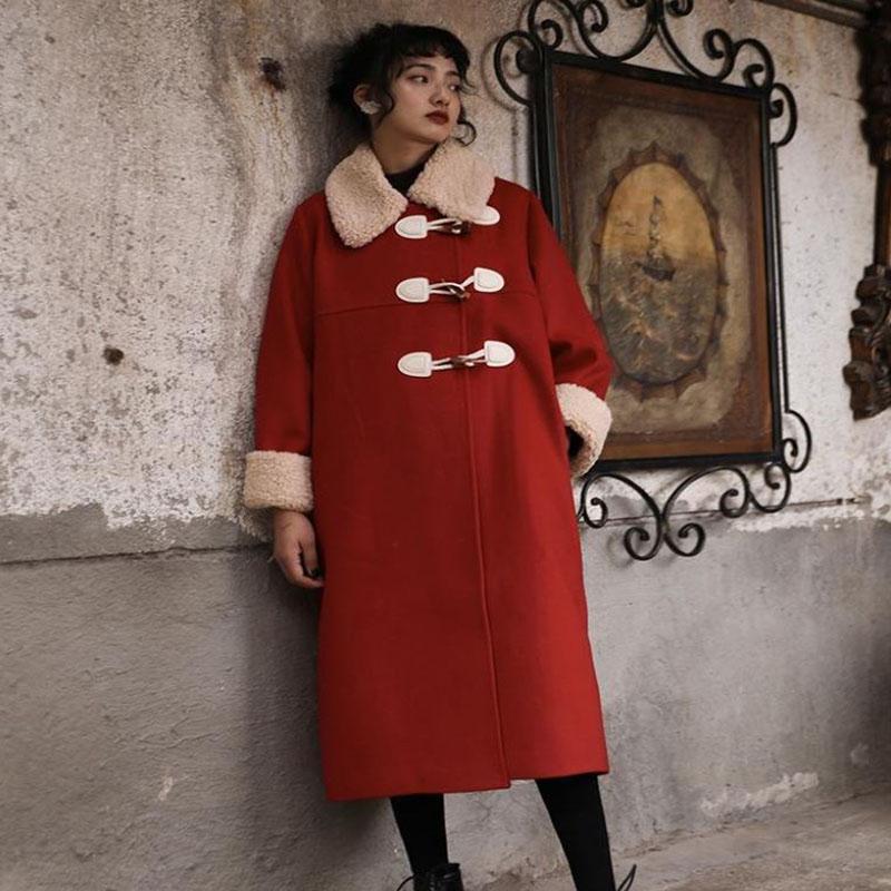 Autumn and Winter Woolen Coat Dark Red Horn Button Lamb Wool Thick Woolen Coat Women's Mid-length Stand-up Collar Woolen Coat