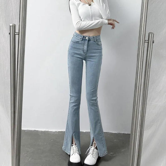 2022 New Trousers Women's Jeans Spring and Summer High Waist Show Thin All-match Slit Temperament Ladies Slim Micro Flared Pants