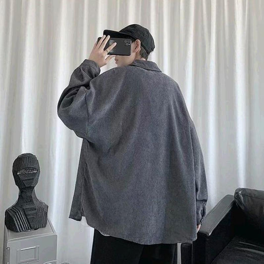 Men's Warm Corduroy Long Sleeve Shirt Men's Loose Retro Casual Shirt Tide Brand Loose Undershirt Black Jacket